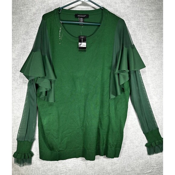 NWT Ashley Stewart Womens Plus Size 22/24 Green Ruffle Mesh Sleeves Sweater - Picture 1 of 7
